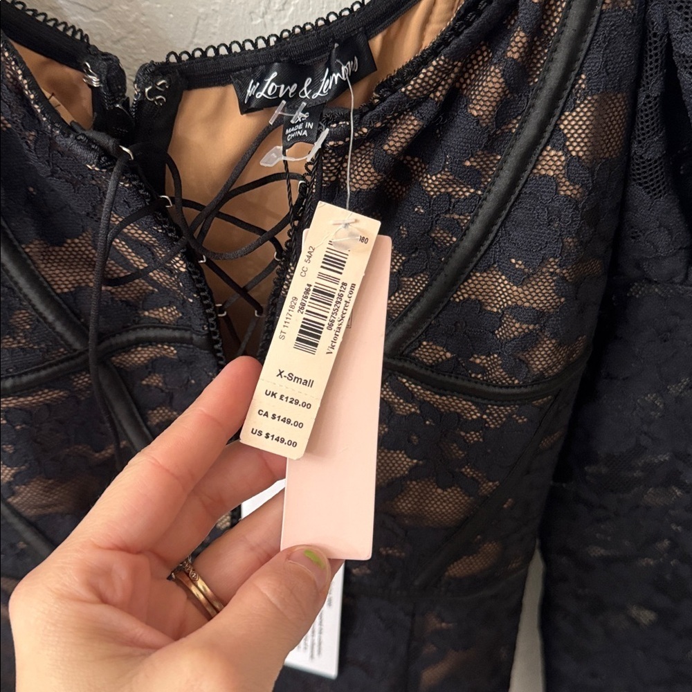 For Love and Lemons Dress Violetta Lace Up Mini Puff Sleeve Black Lace XS - Picture 6 of 8